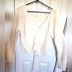 J FOR JUSTIFY CREAM COLORED V NECK CROP CINCH SWEATER-JUNIORS LARGE